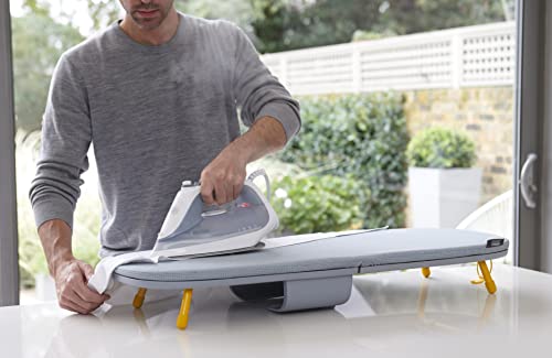 Compact Folding Tabletop Ironing Board with Iron Holder & Wall Mount – Grey/Yellow