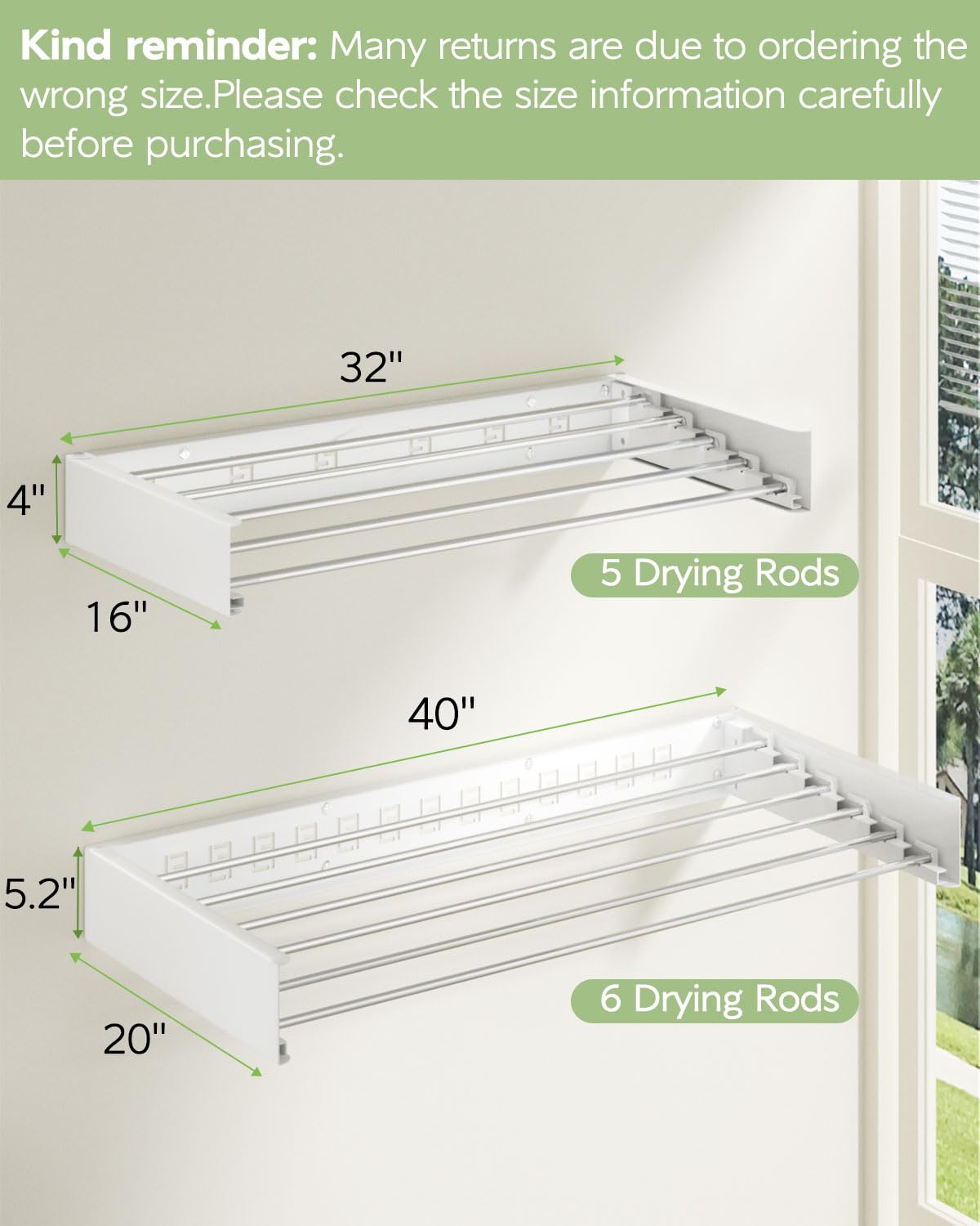 White Foldable Wall-Mounted Clothes Drying Rack – 40” with 6 Rods