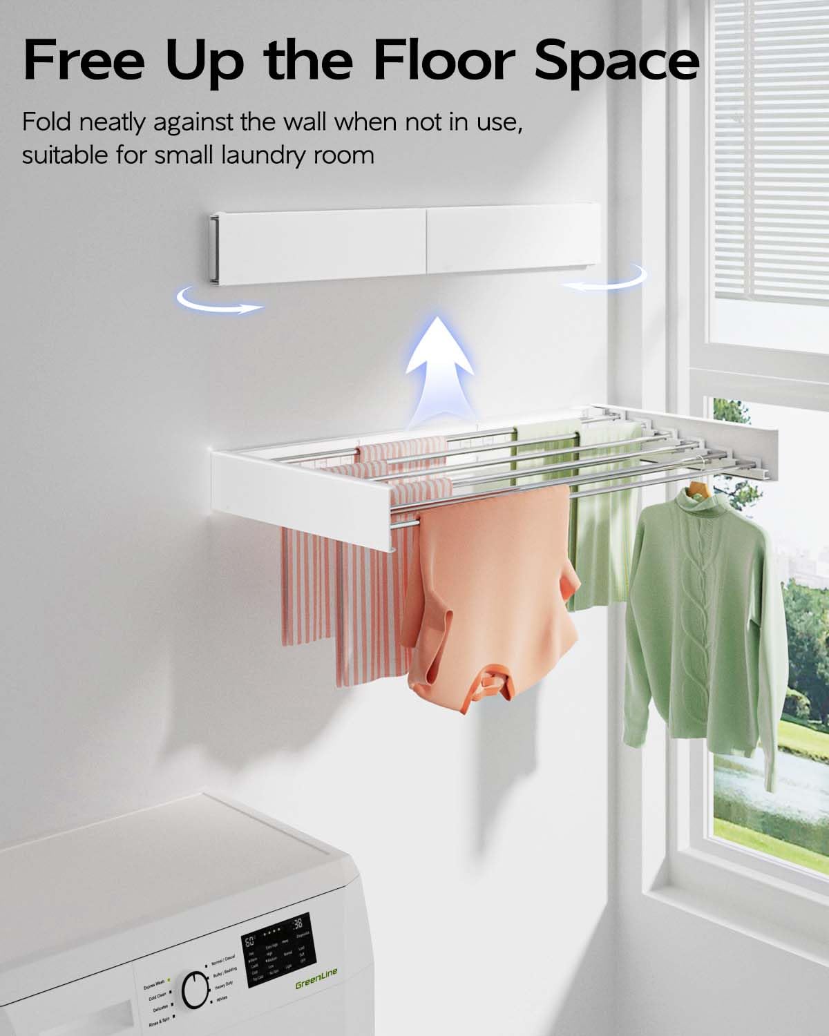 White Foldable Wall-Mounted Clothes Drying Rack – 40” with 6 Rods