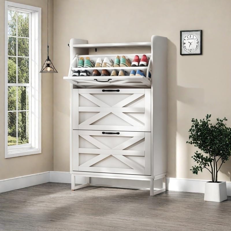 Slim White Shoe Cabinet with 3 Flip Drawers – Space-Saving Organizer for Up to 24 Pairs