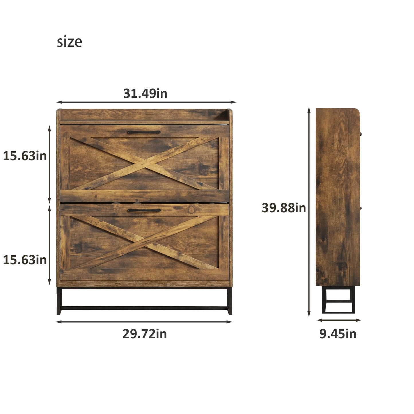 Rustic Brown Shoe Storage Cabinet with 2 Flip Drawers and Metal Legs – Freestanding Organizer