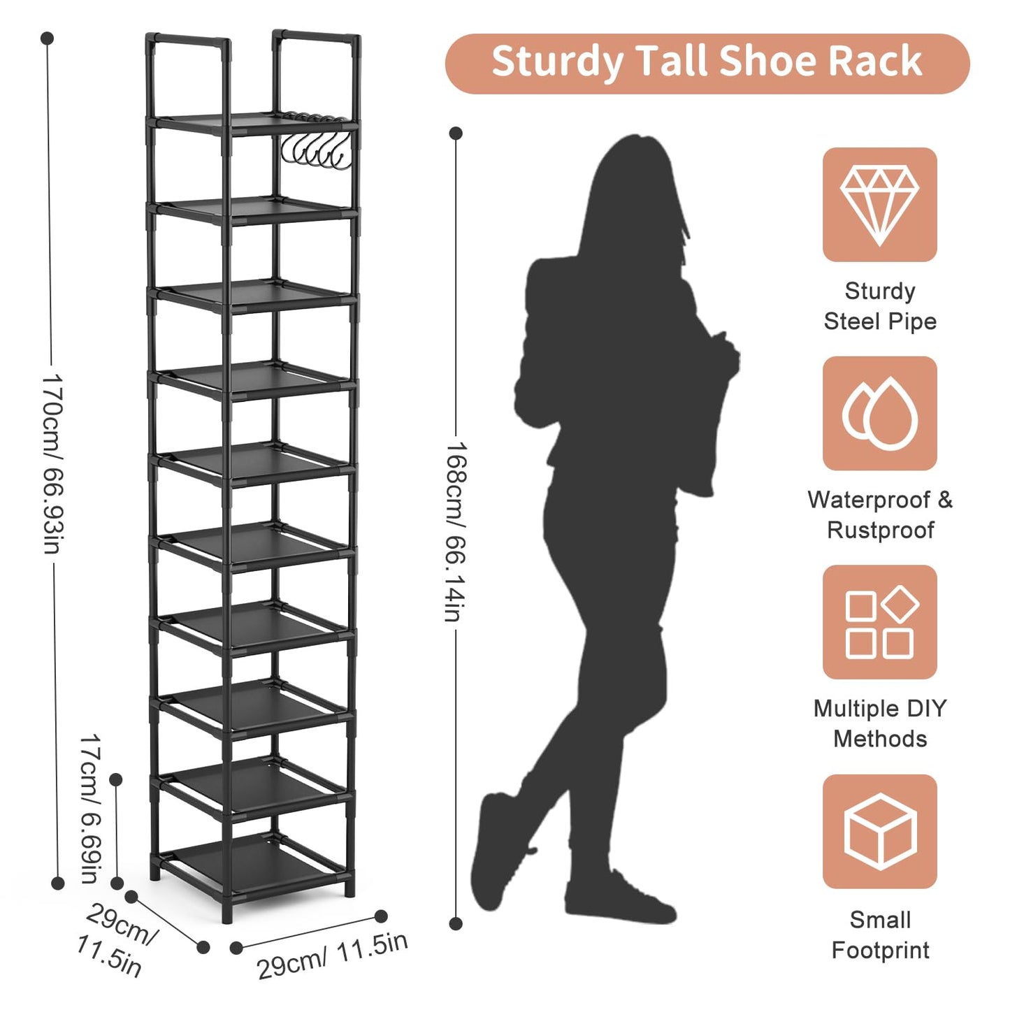 Tall Narrow 10-Tier Metal Shoe Rack – Space-Saving Entryway Organizer