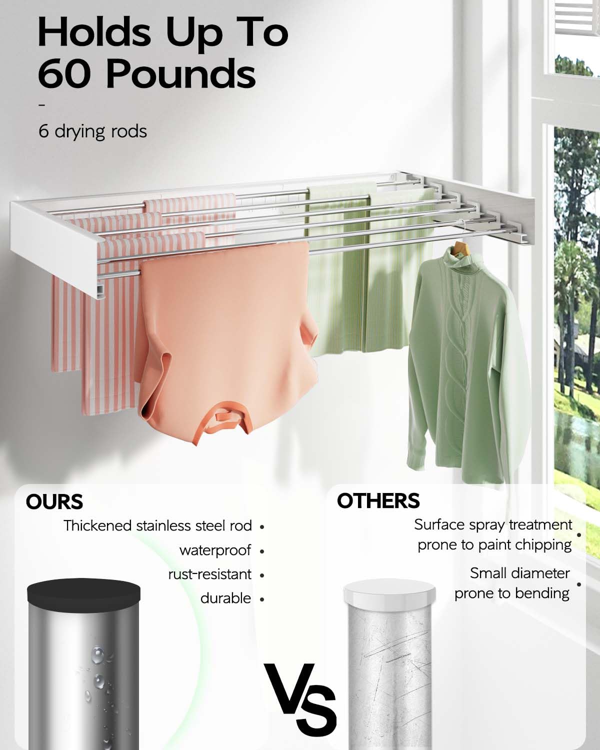 White Foldable Wall-Mounted Clothes Drying Rack – 40” with 6 Rods