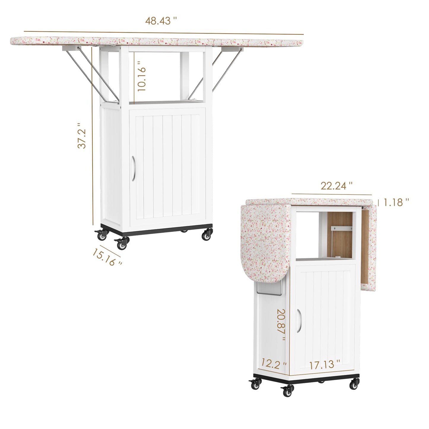 Mobile Folding Ironing Board Cabinet with Wheels – White