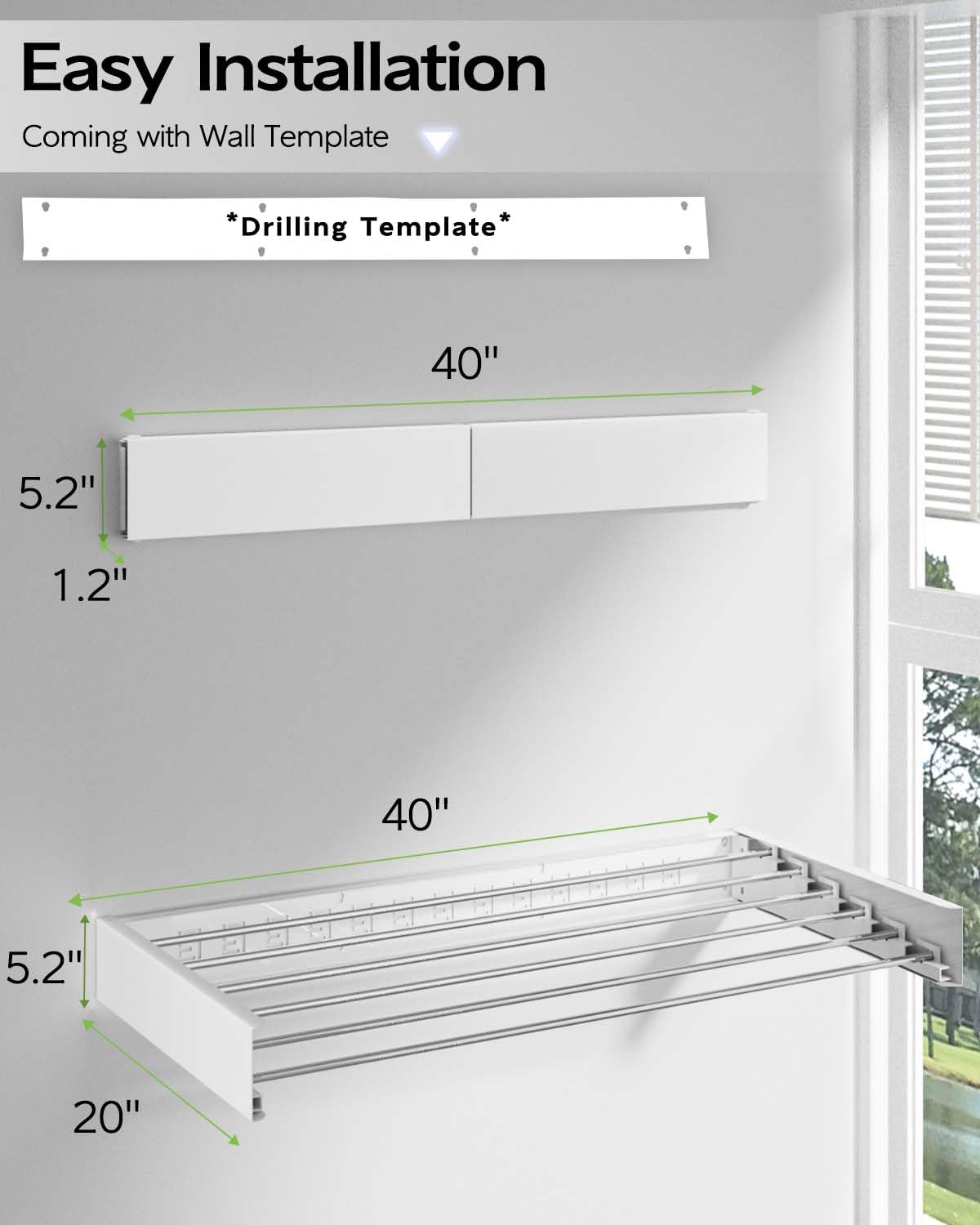 White Foldable Wall-Mounted Clothes Drying Rack – 40” with 6 Rods