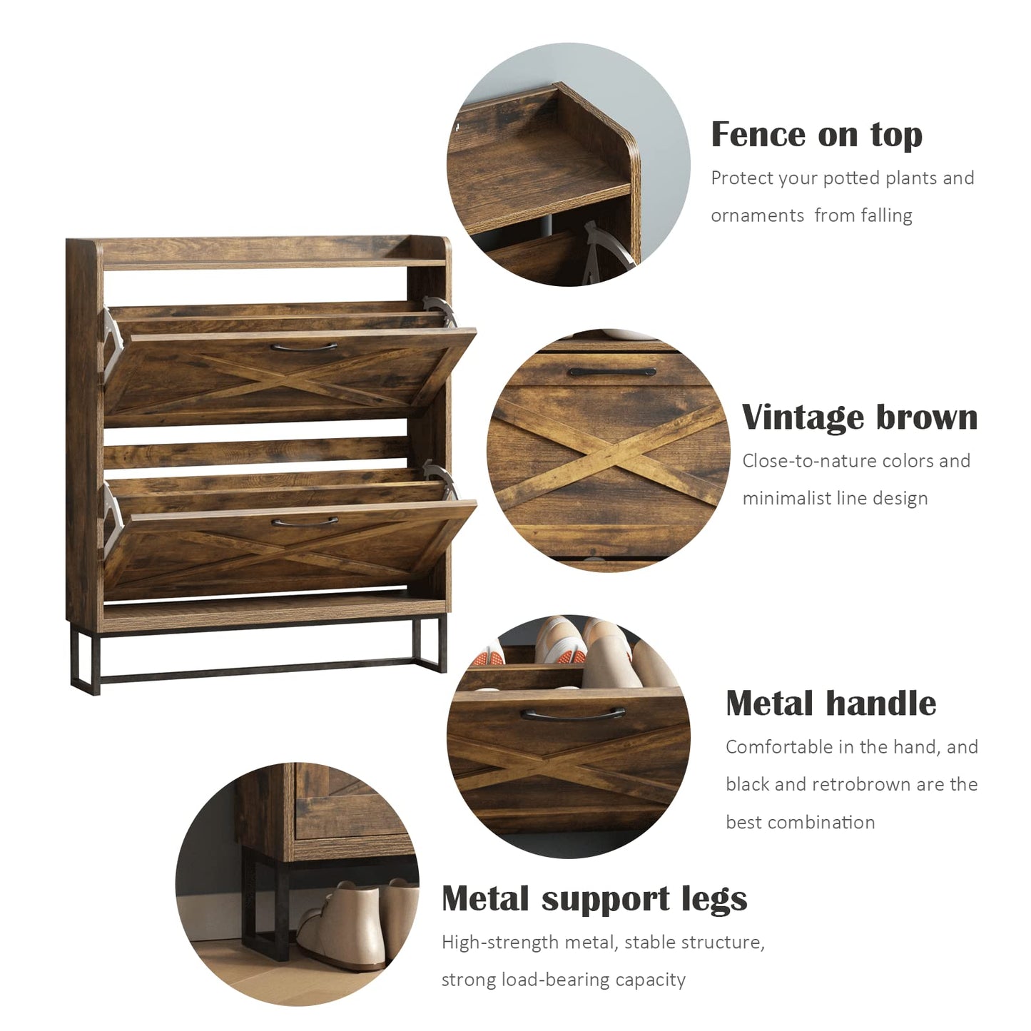 Rustic Brown Shoe Storage Cabinet with 2 Flip Drawers and Metal Legs – Freestanding Organizer