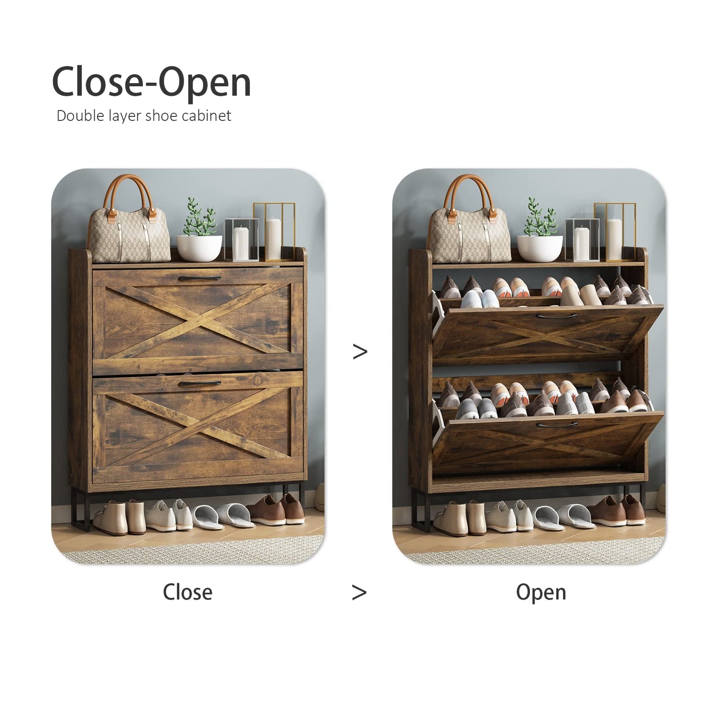 Rustic Brown Shoe Storage Cabinet with 2 Flip Drawers and Metal Legs – Freestanding Organizer