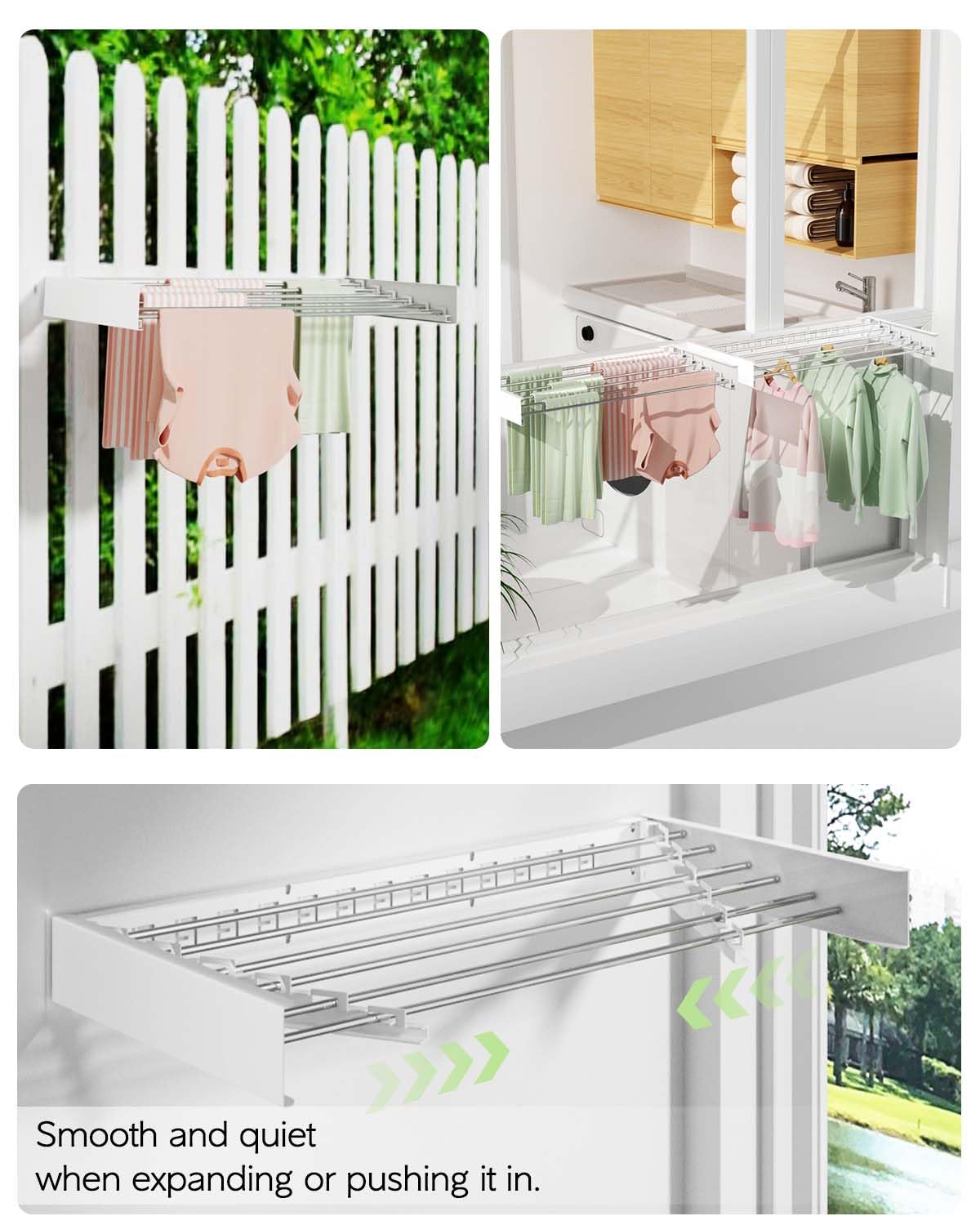 White Foldable Wall-Mounted Clothes Drying Rack – 40” with 6 Rods