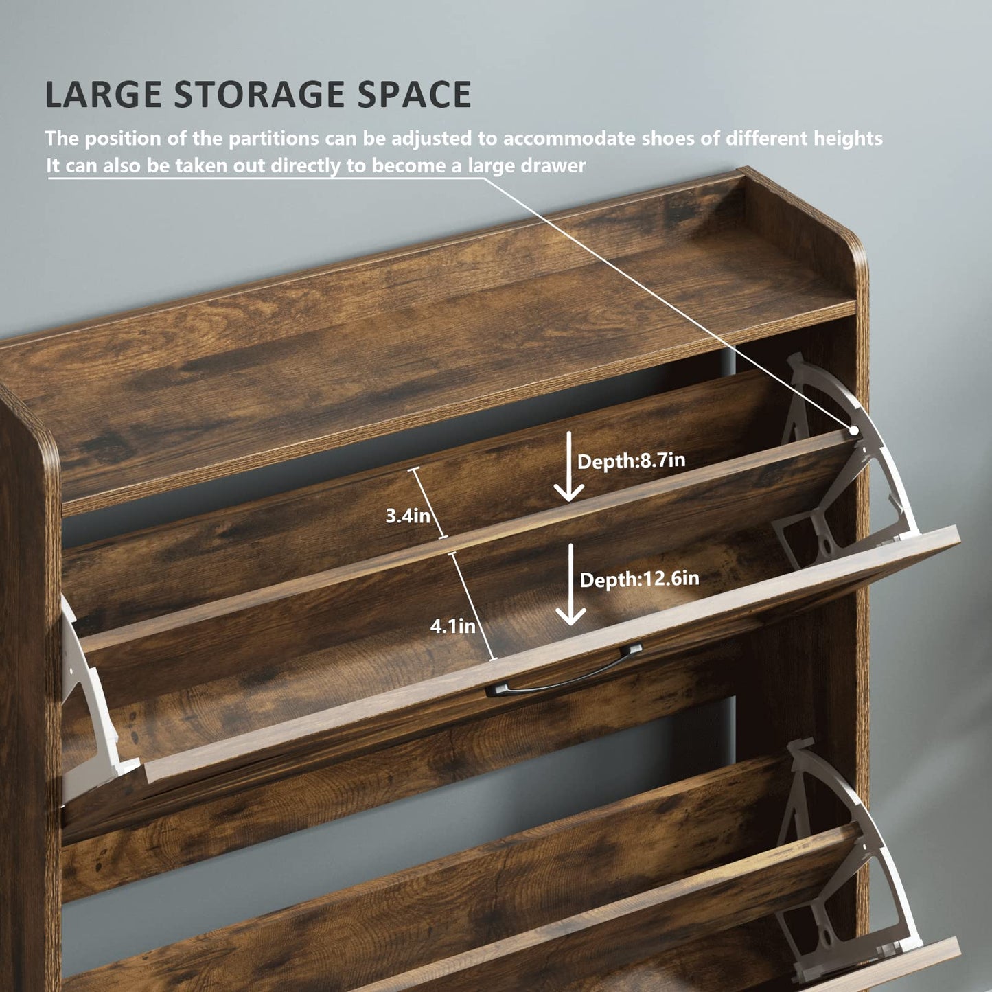 Rustic Brown Shoe Storage Cabinet with 2 Flip Drawers and Metal Legs – Freestanding Organizer