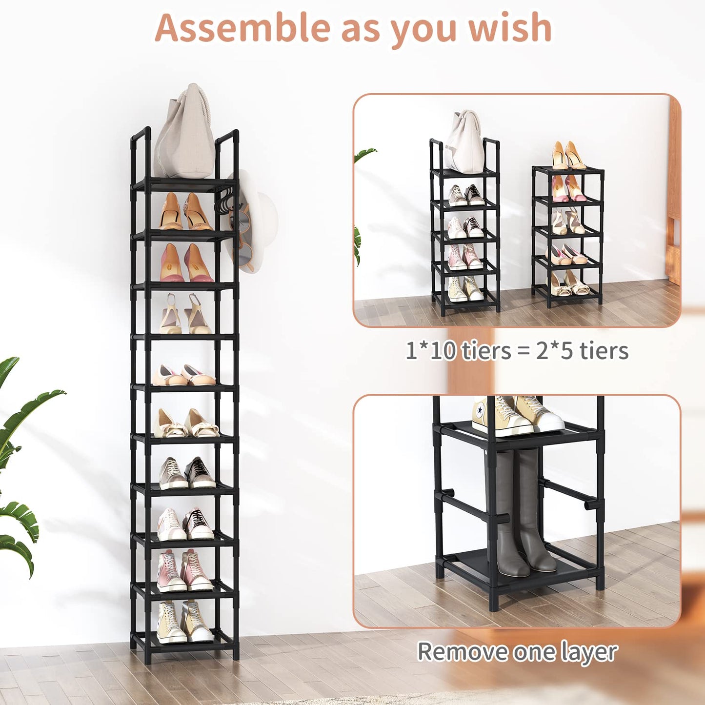 Tall Narrow 10-Tier Metal Shoe Rack – Space-Saving Entryway Organizer