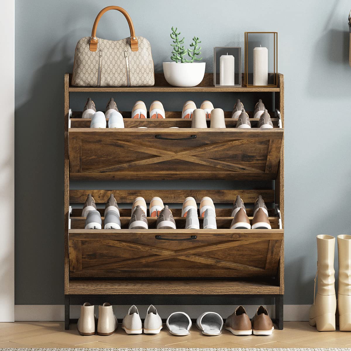 Rustic Brown Shoe Storage Cabinet with 2 Flip Drawers and Metal Legs – Freestanding Organizer