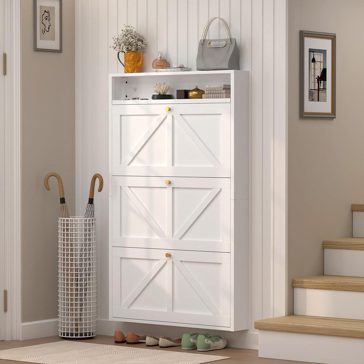 Narrow Entryway Shoe Cabinet – White 3-Drawer Flip Storage Organizer