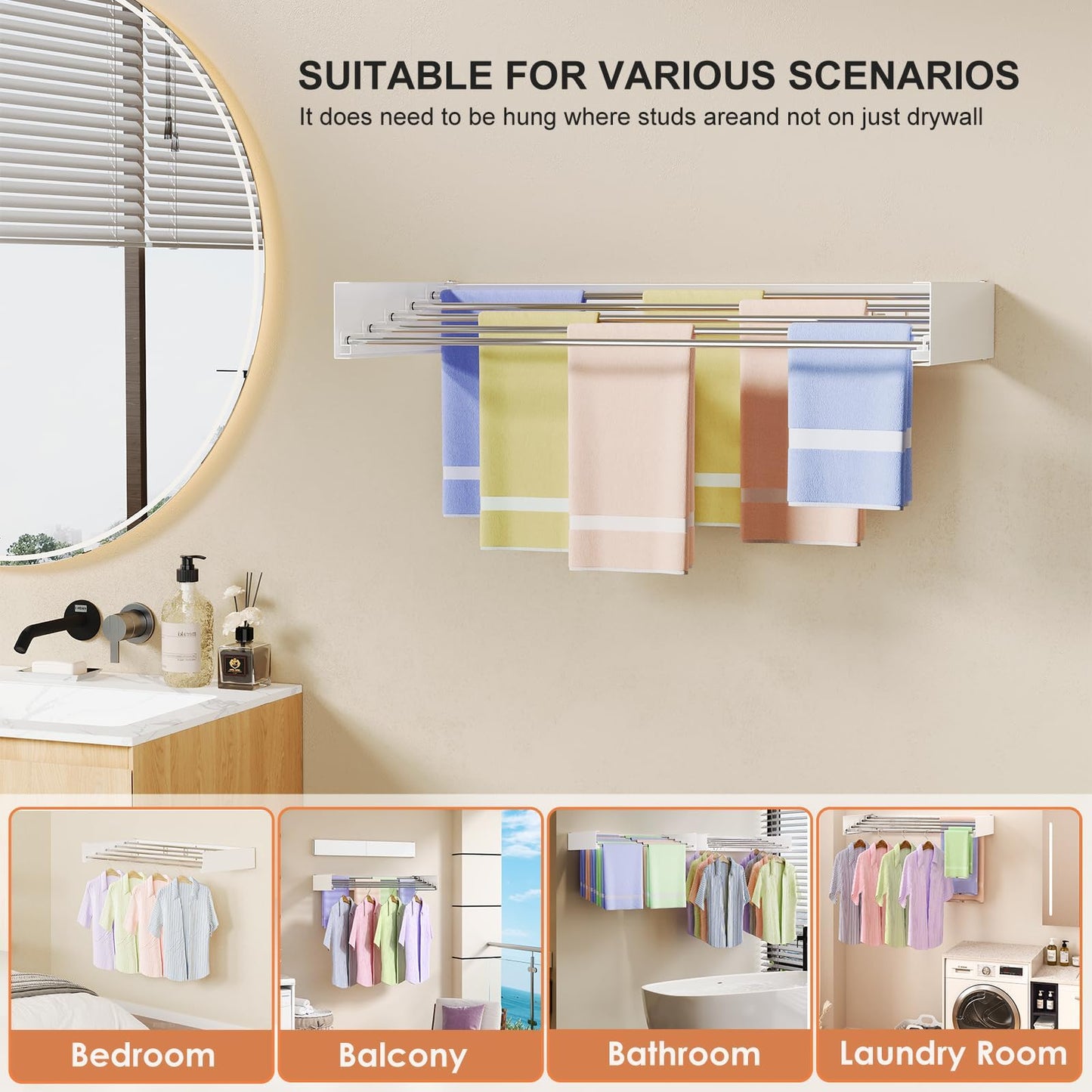White Foldable Wall-Mounted Clothes Drying Rack – 31.5” with 5 Stainless Steel Rods