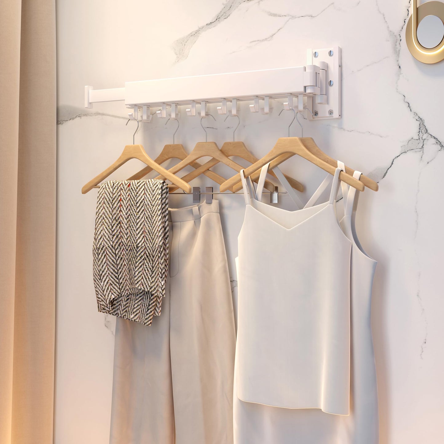 White Wall-Mounted Tri-Fold Retractable Clothes Drying Rack – Space-Saving
