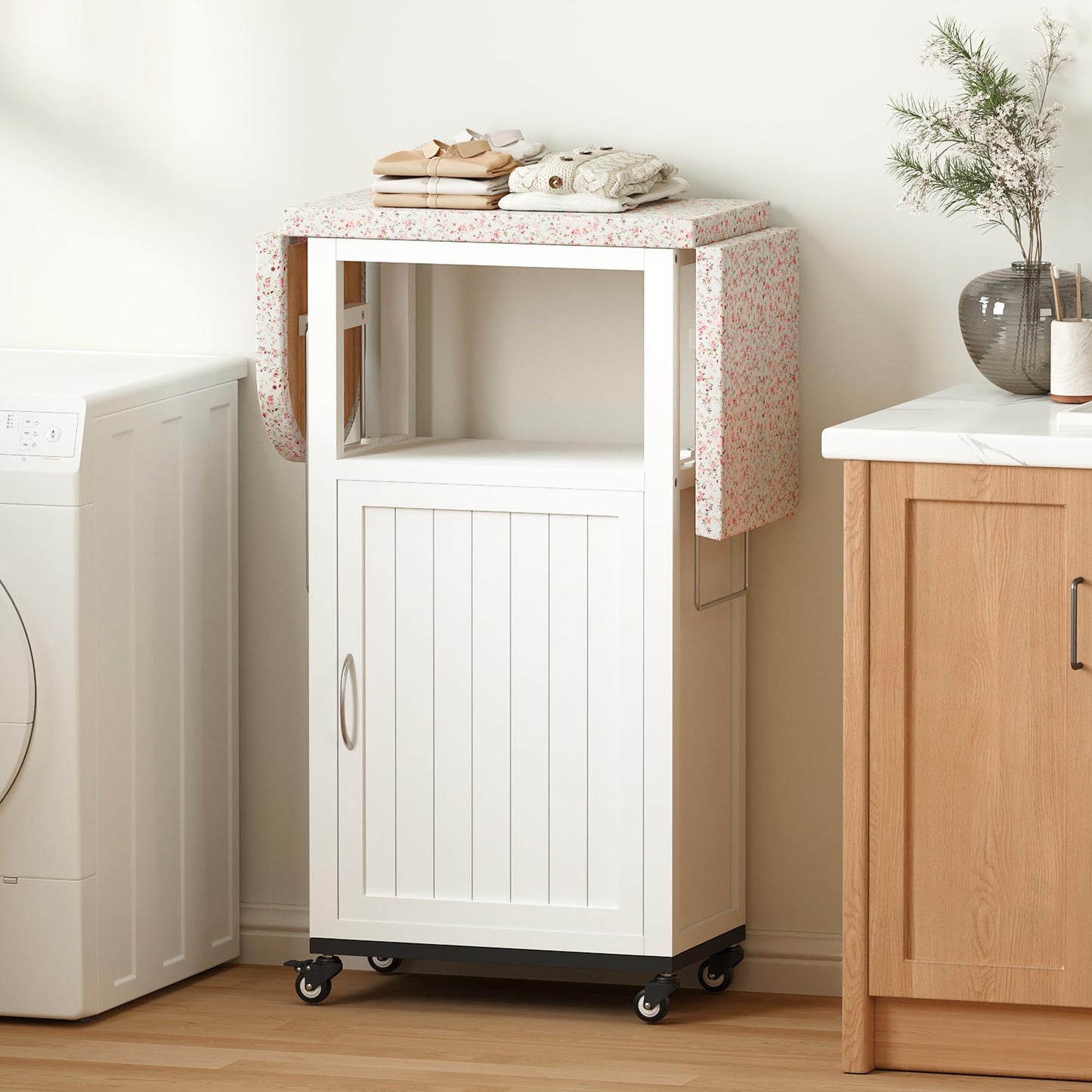 Mobile Folding Ironing Board Cabinet with Wheels – White