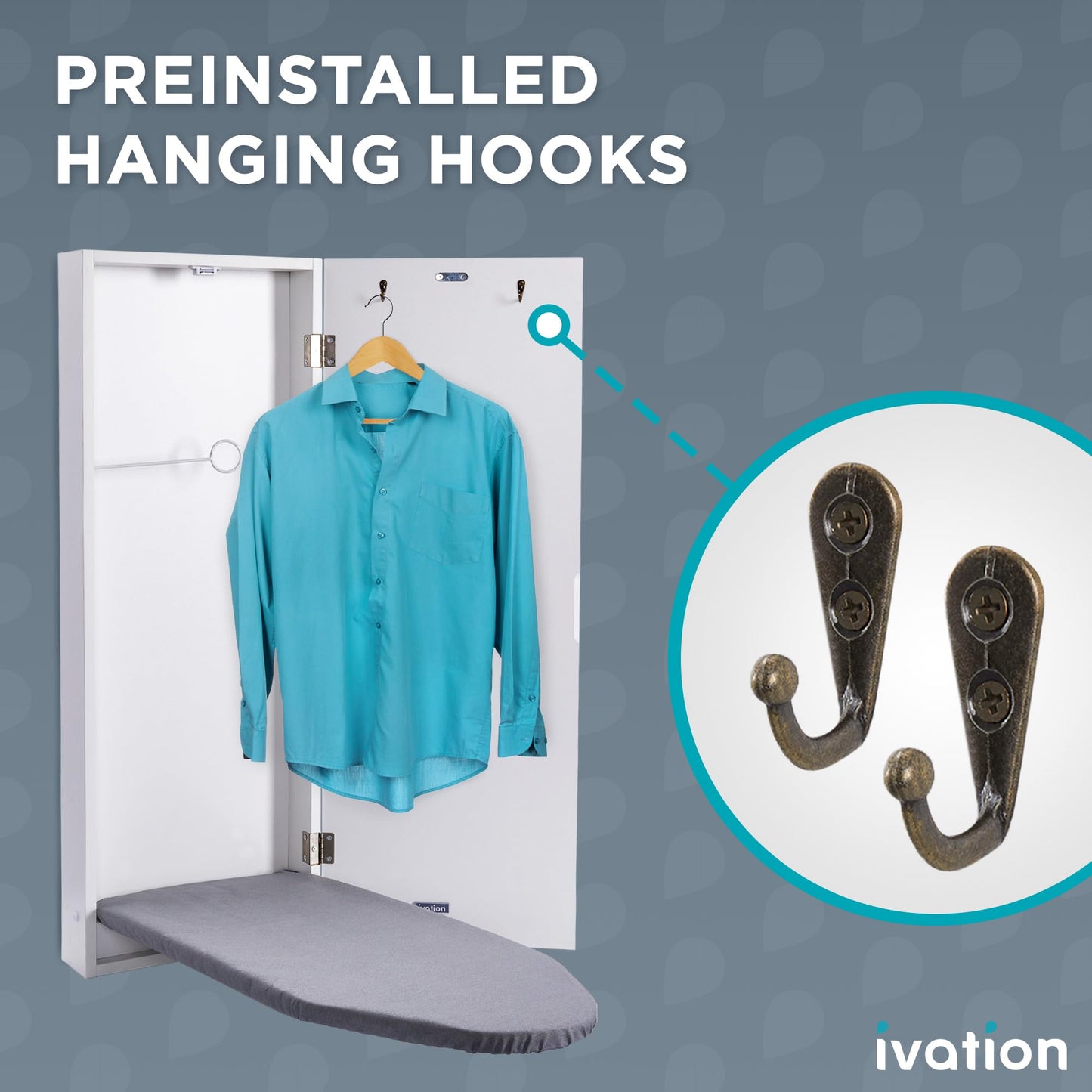 Wall-Mounted Foldable Ironing Board Cabinet with Hooks – White
