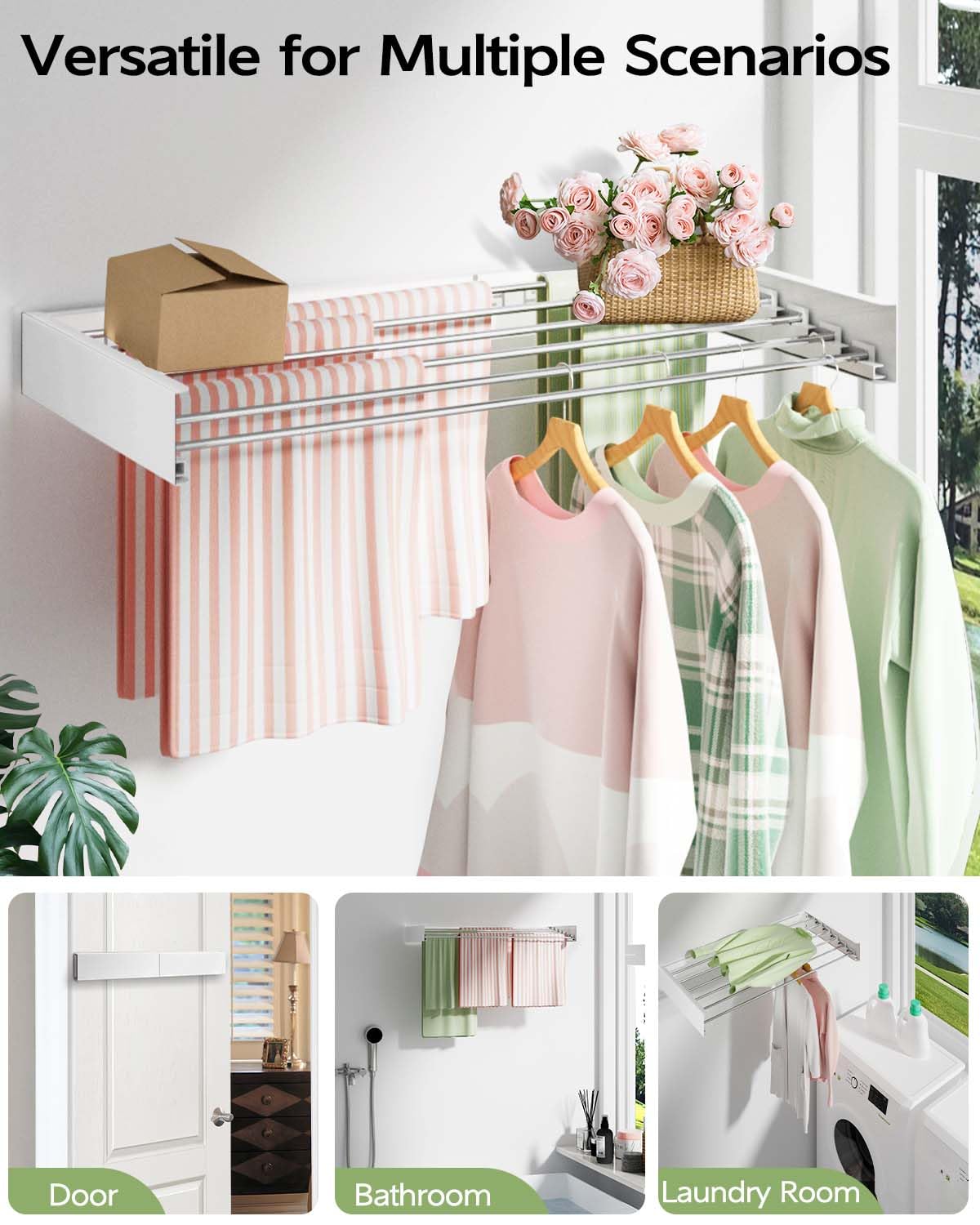White Foldable Wall-Mounted Clothes Drying Rack – 40” with 6 Rods