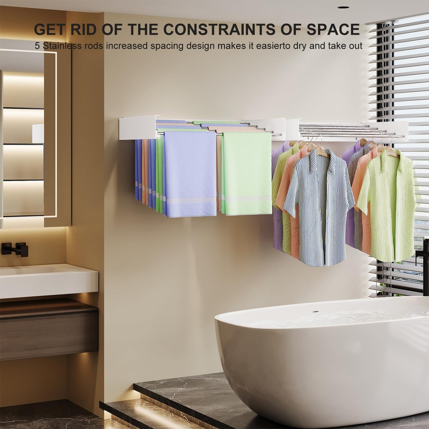 White Foldable Wall-Mounted Clothes Drying Rack – 31.5” with 5 Stainless Steel Rods