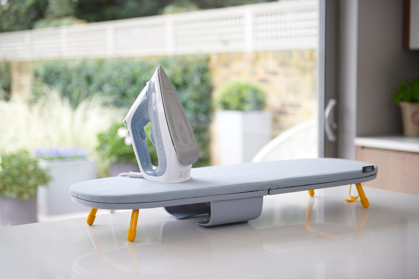 Compact Folding Tabletop Ironing Board with Iron Holder & Wall Mount – Grey/Yellow