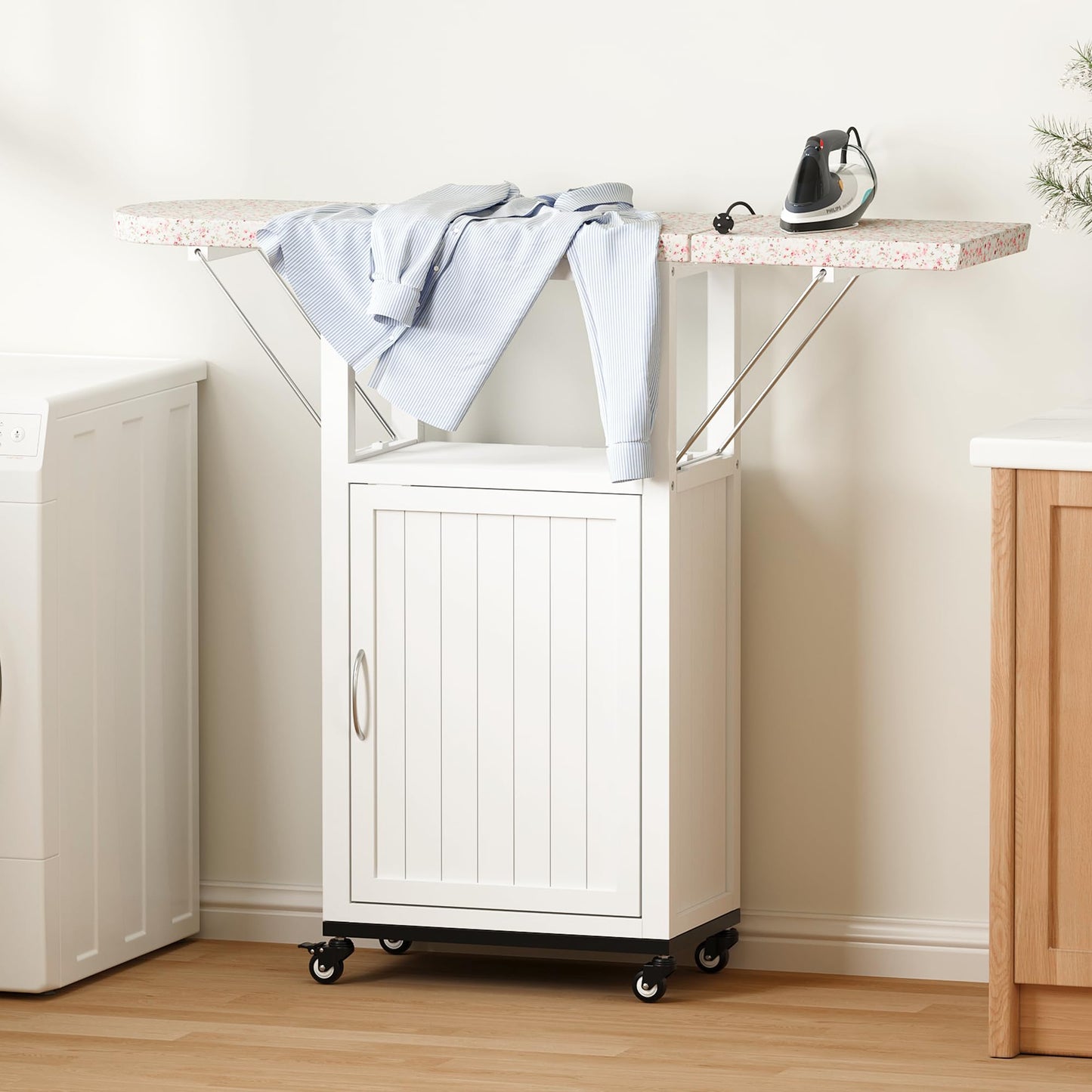 Mobile Folding Ironing Board Cabinet with Wheels – White
