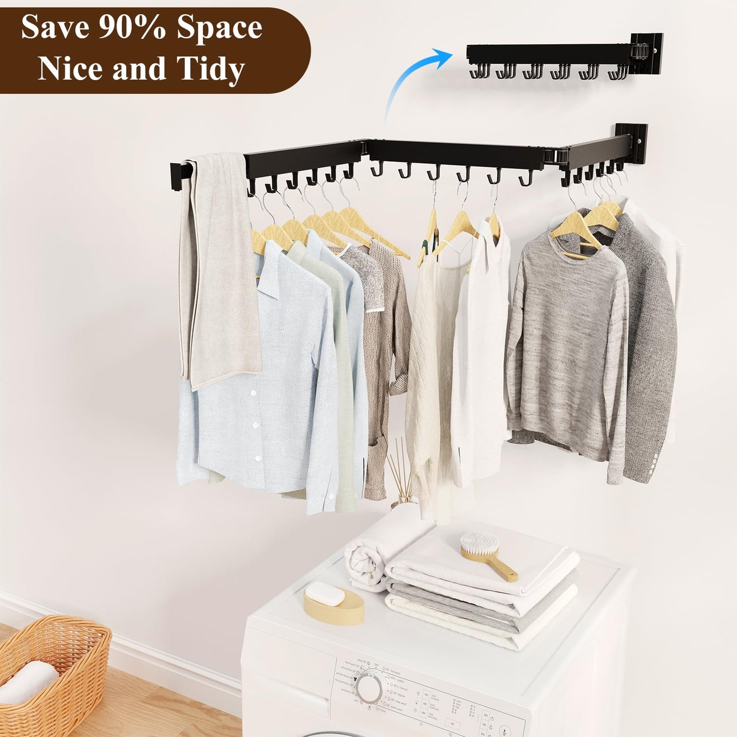 Black Tri-Fold Wall-Mounted Clothes Drying Rack – Foldable Laundry Organizer