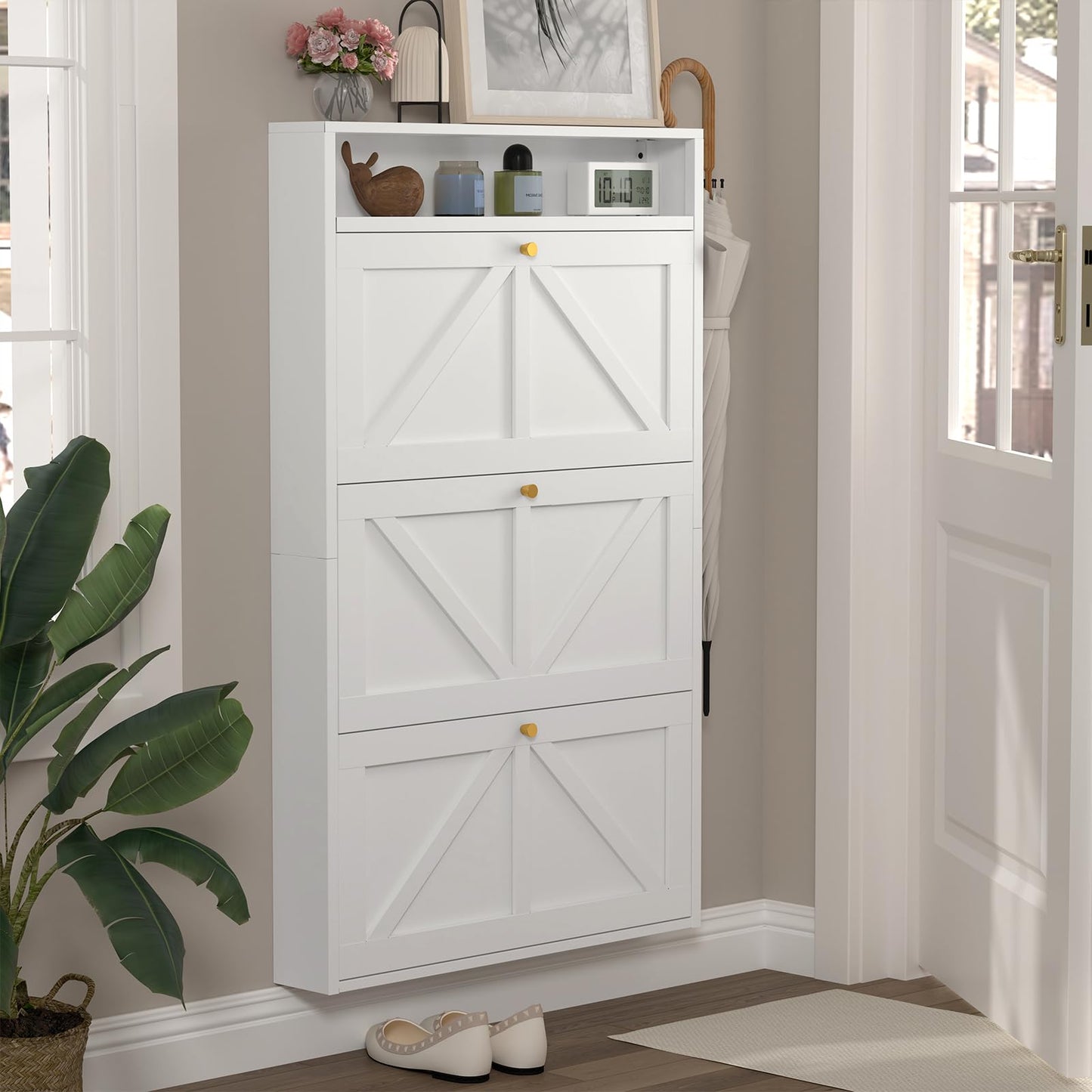 Narrow Entryway Shoe Cabinet – White 3-Drawer Flip Storage Organizer