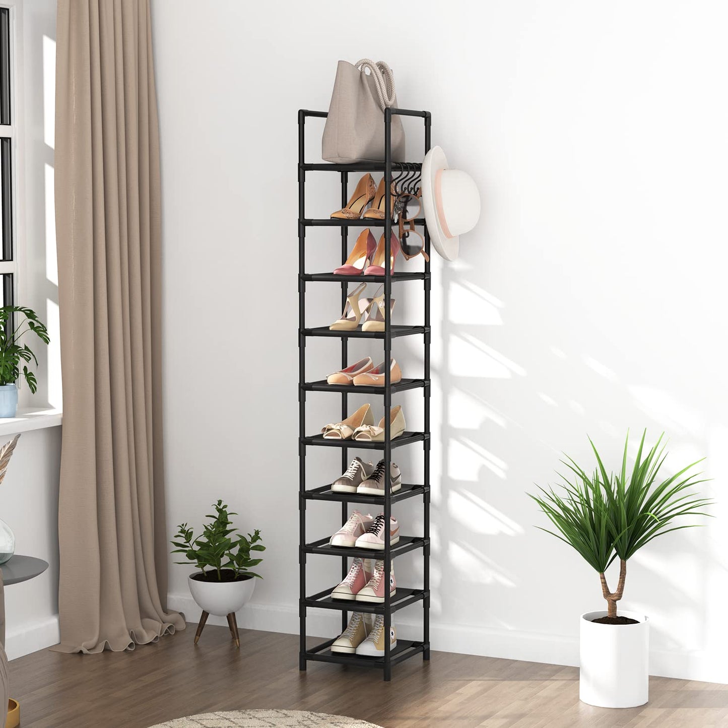 Tall Narrow 10-Tier Metal Shoe Rack – Space-Saving Entryway Organizer