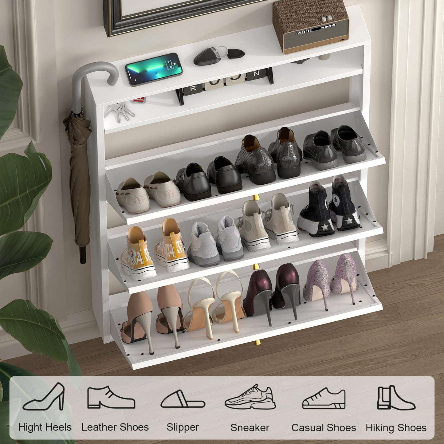 Narrow Entryway Shoe Cabinet – White 3-Drawer Flip Storage Organizer