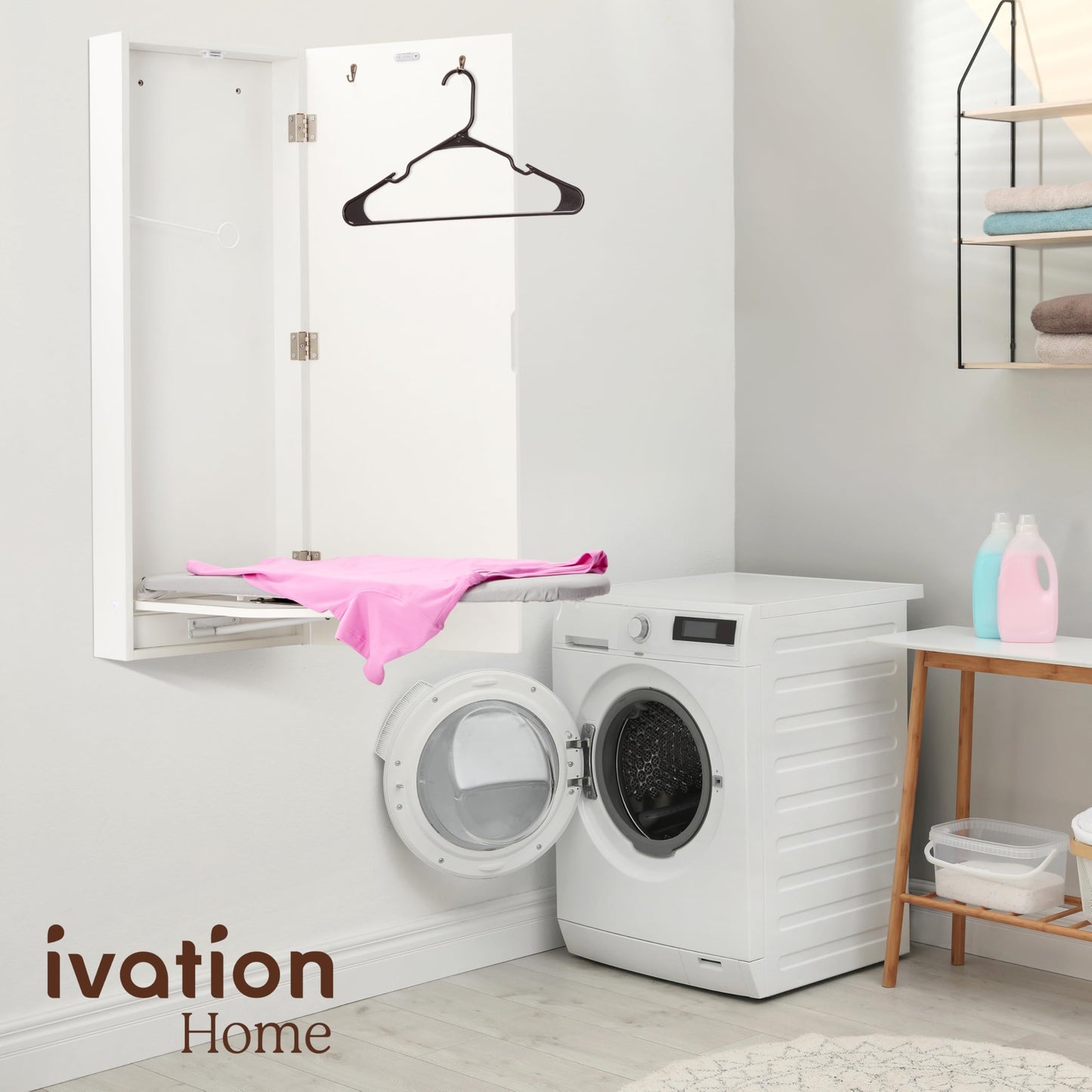 Wall-Mounted Foldable Ironing Board Cabinet with Hooks – White