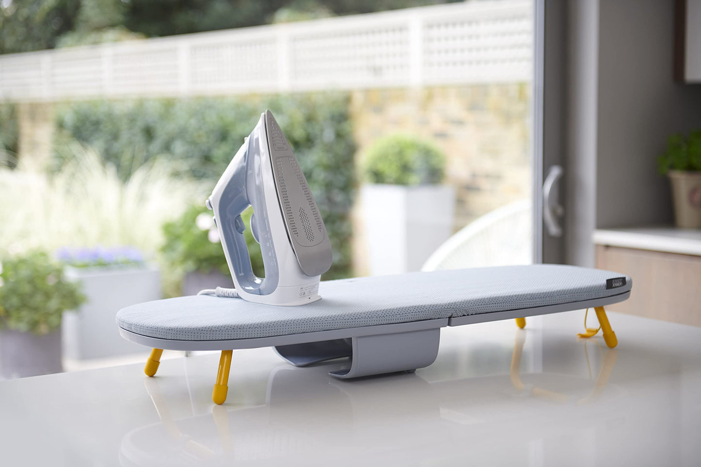Compact Folding Tabletop Ironing Board with Iron Holder & Wall Mount – Grey/Yellow