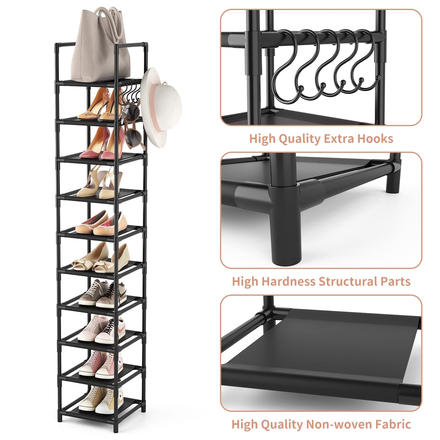 Tall Narrow 10-Tier Metal Shoe Rack – Space-Saving Entryway Organizer