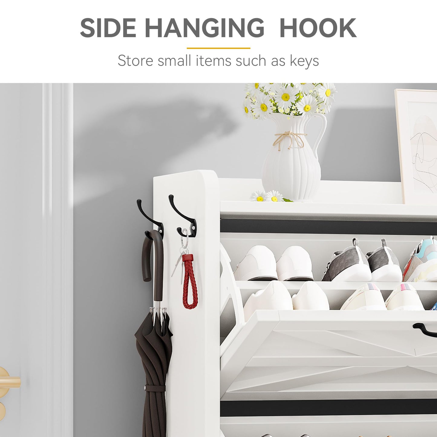 Slim White Shoe Cabinet with 3 Flip Drawers – Space-Saving Organizer for Up to 24 Pairs