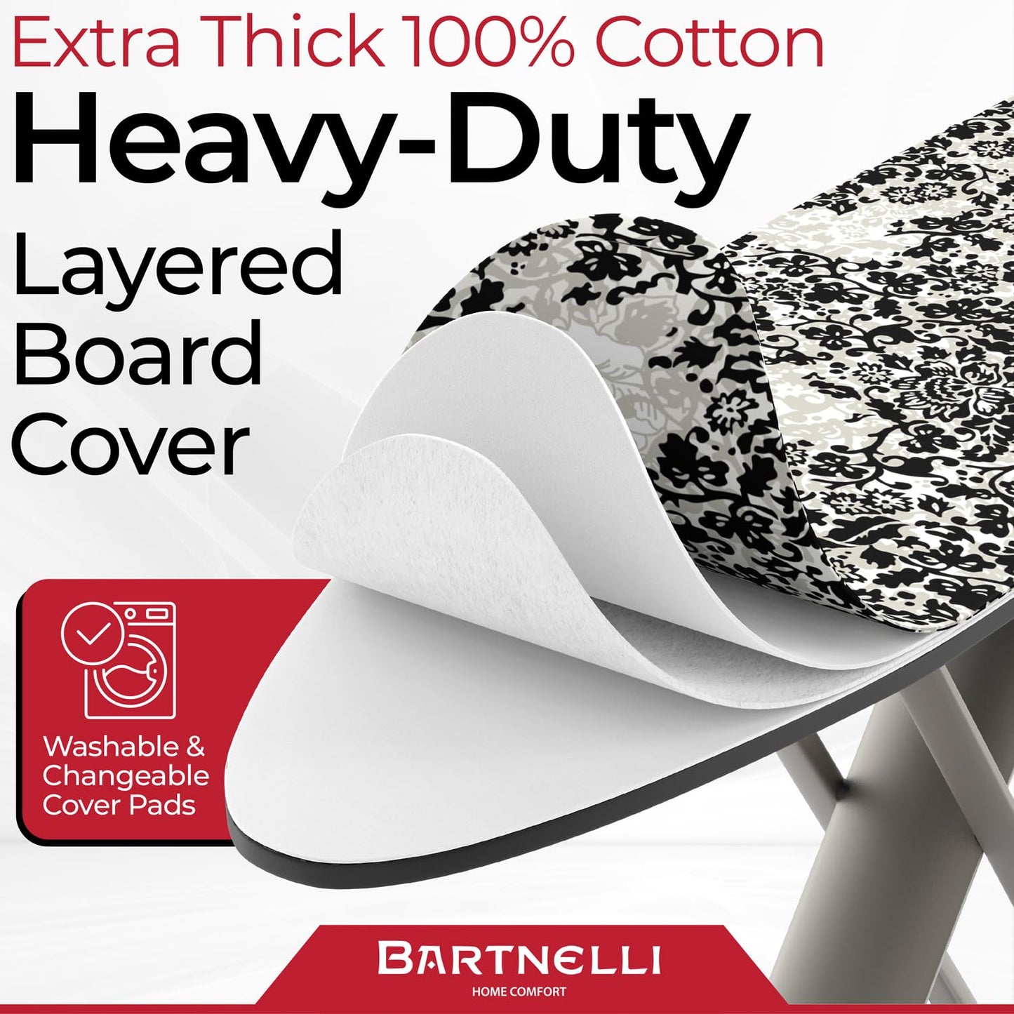Bartnelli Pro Extra-Wide Ironing Board – 62"x19", Adjustable Height, Foldable with Steam Iron Rest