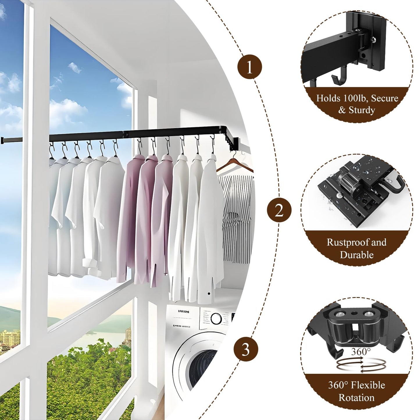 Black Tri-Fold Wall-Mounted Clothes Drying Rack – Foldable Laundry Organizer