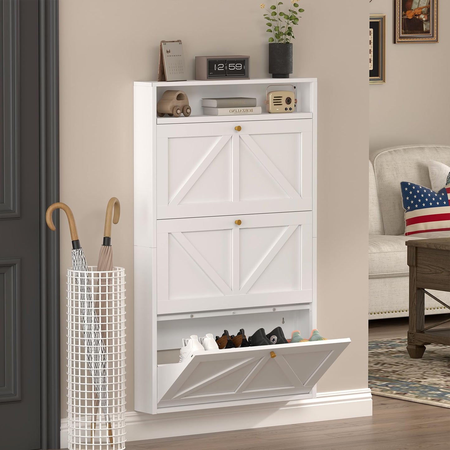 Narrow Entryway Shoe Cabinet – White 3-Drawer Flip Storage Organizer