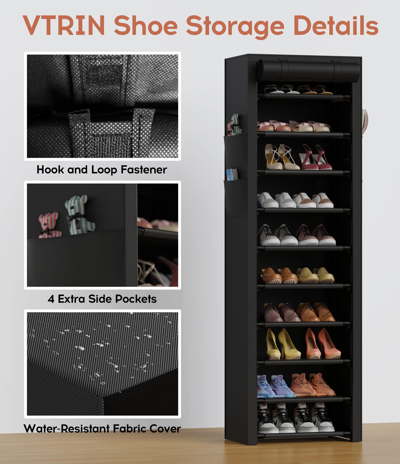 10-Tier Vertical Shoe Rack with Dust-Proof Cover – Space-Saving Freestanding Organizer, Black