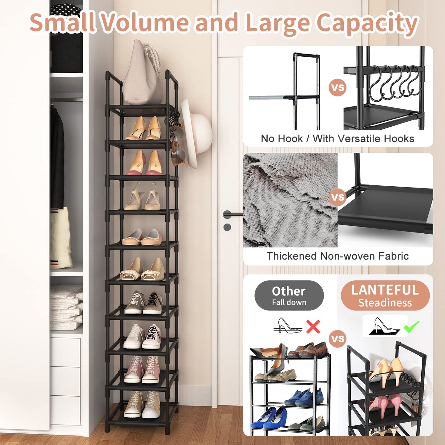 Tall Narrow 10-Tier Metal Shoe Rack – Space-Saving Entryway Organizer