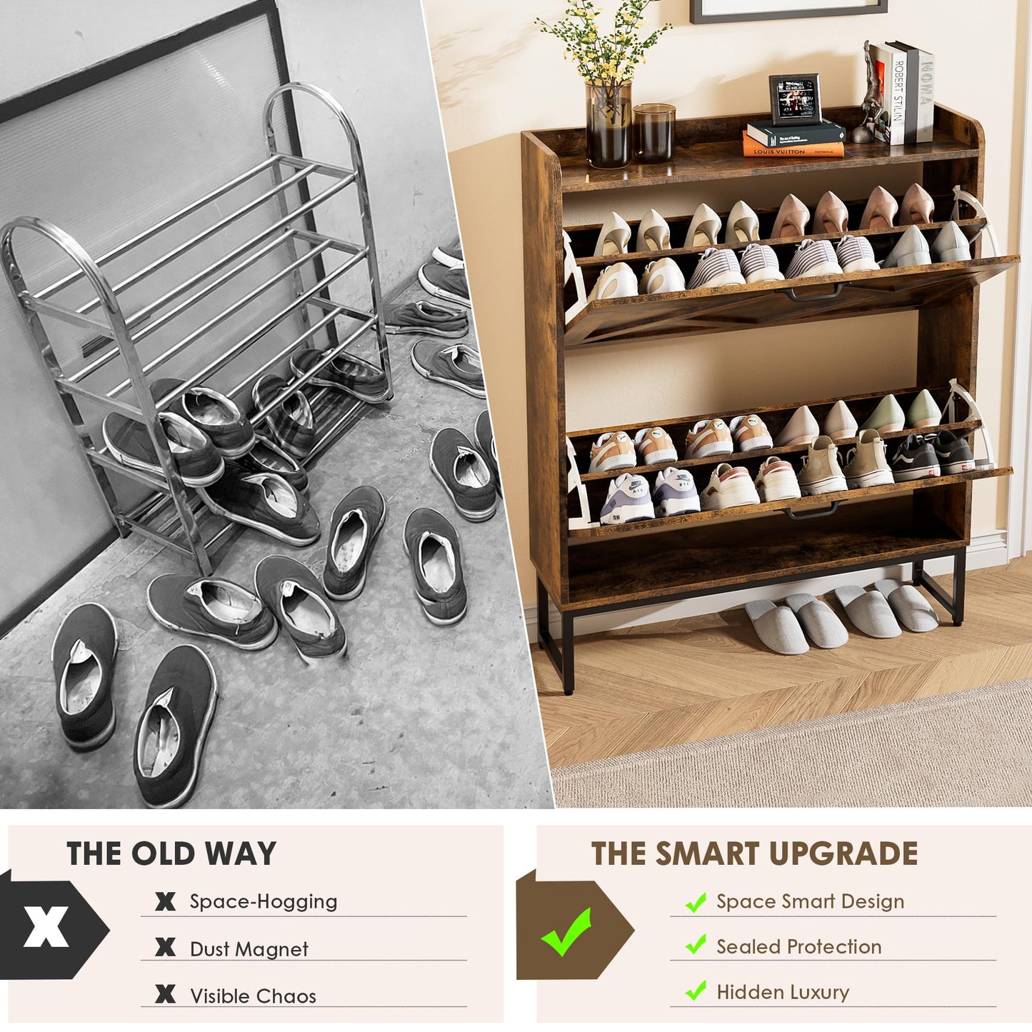 Shoe Cabinet with 2 Flip Drawers and Metal Legs – Narrow Rustic Brown