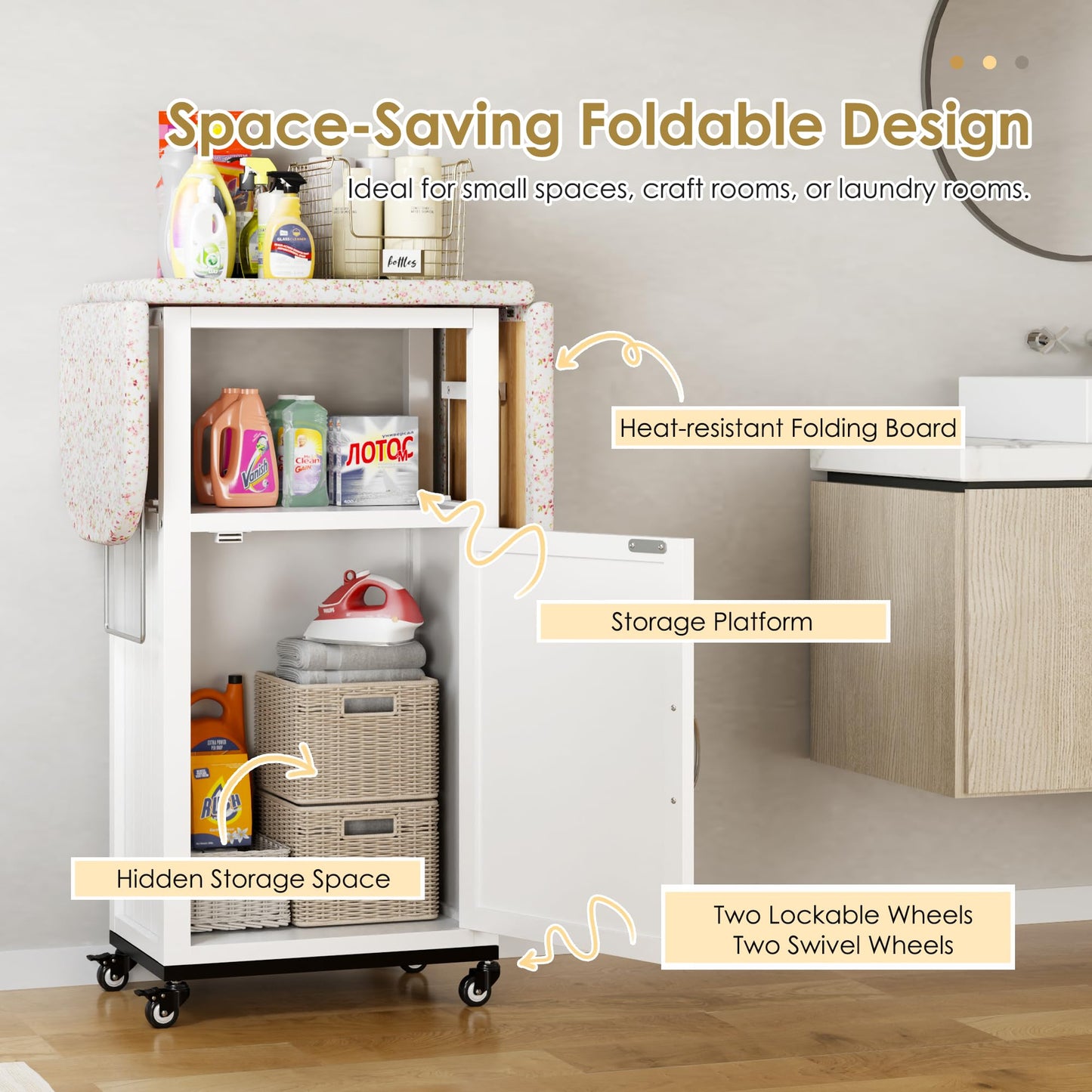 Mobile Folding Ironing Board Cabinet with Wheels – White
