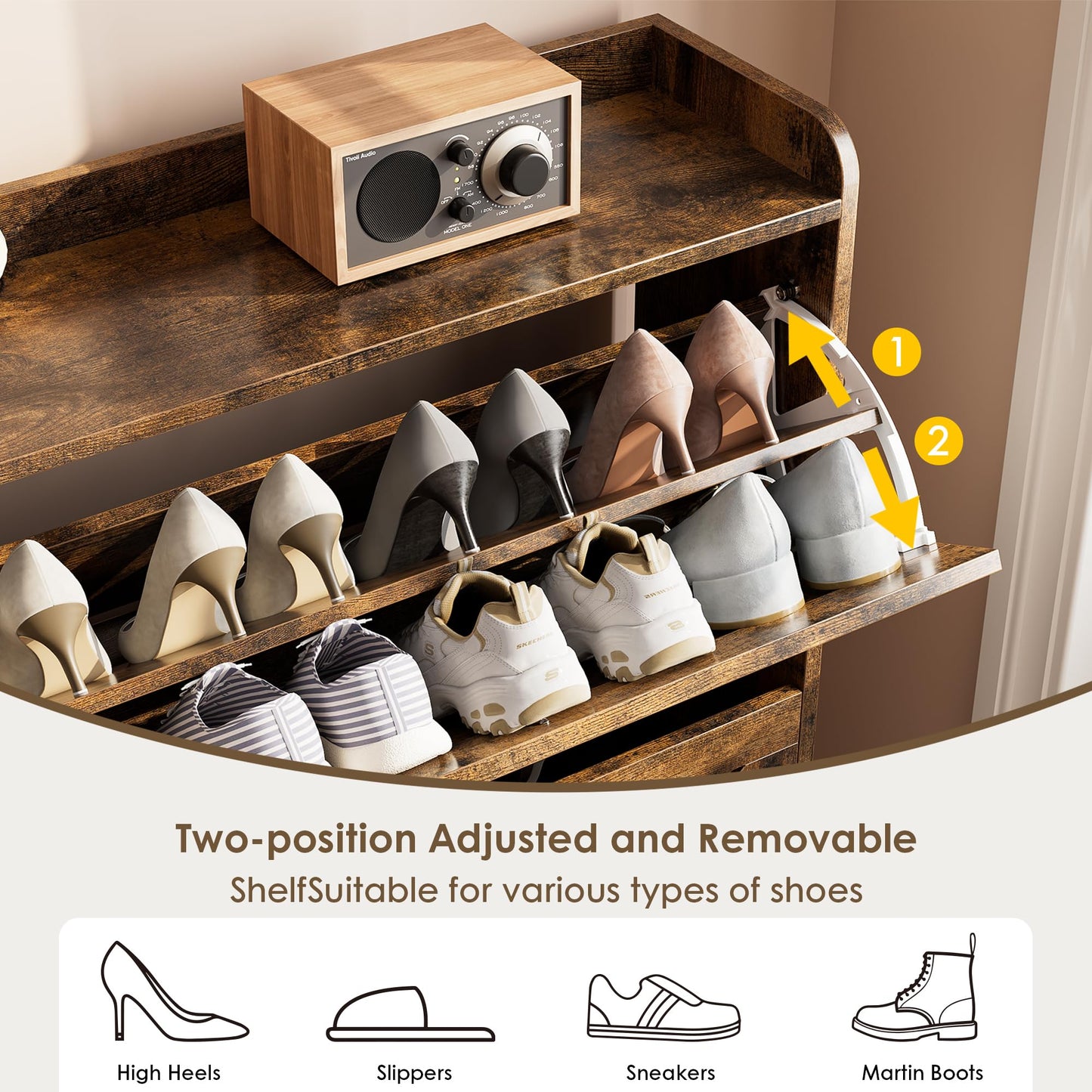 Shoe Cabinet with 2 Flip Drawers and Metal Legs – Narrow Rustic Brown