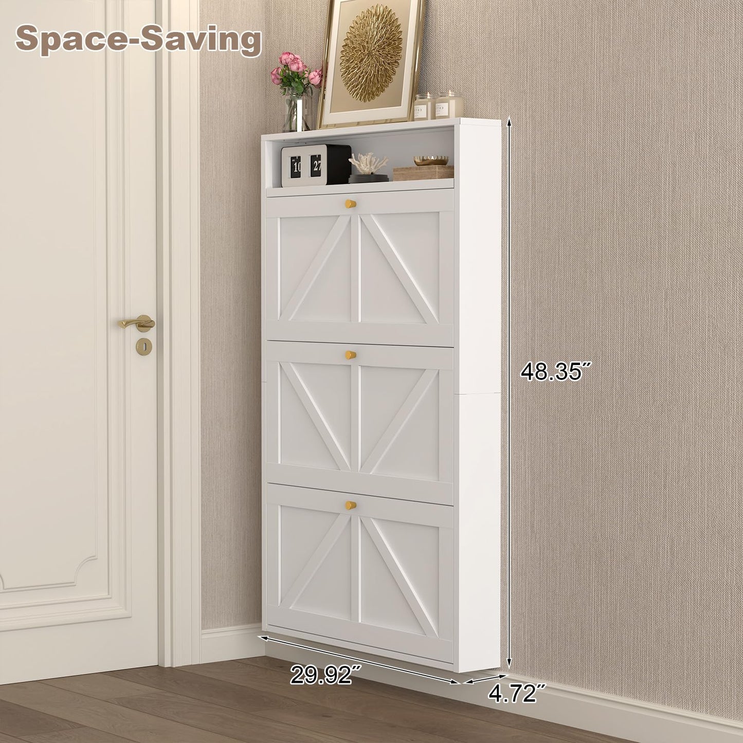 Narrow Entryway Shoe Cabinet – White 3-Drawer Flip Storage Organizer