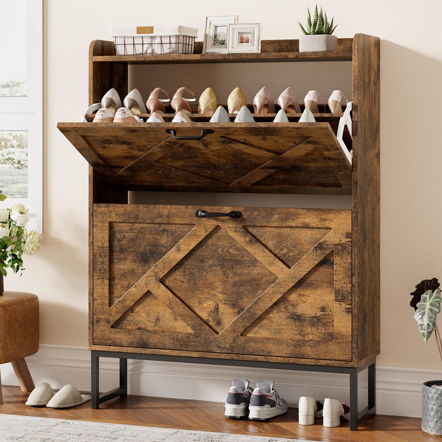 Shoe Cabinet with 2 Flip Drawers and Metal Legs – Narrow Rustic Brown