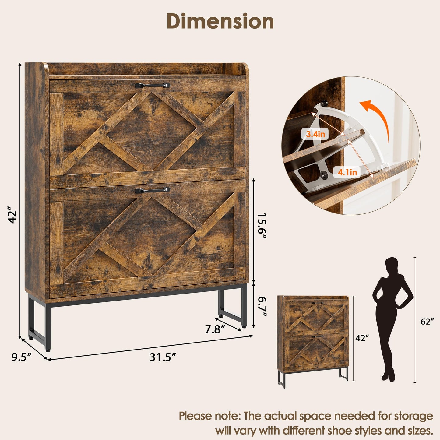 Shoe Cabinet with 2 Flip Drawers and Metal Legs – Narrow Rustic Brown
