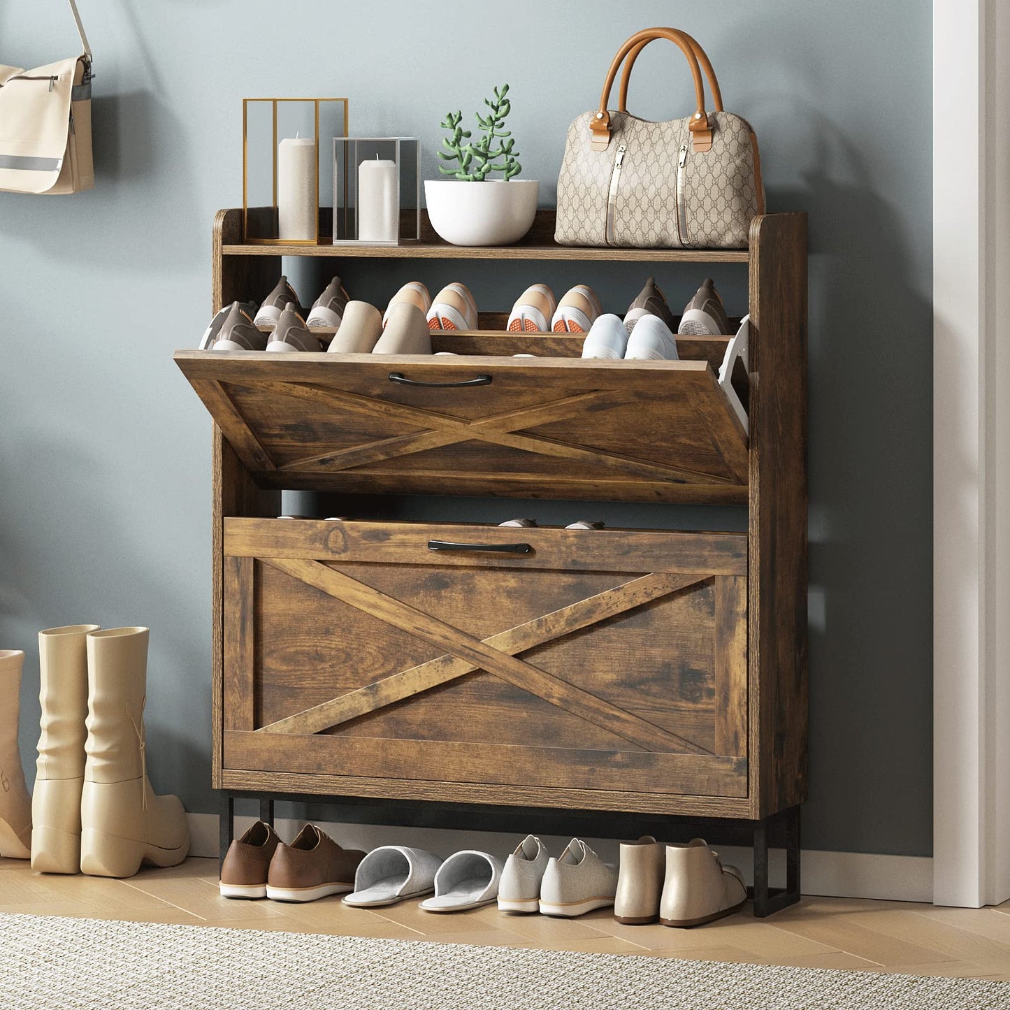 Rustic Brown Shoe Storage Cabinet with 2 Flip Drawers and Metal Legs – Freestanding Organizer