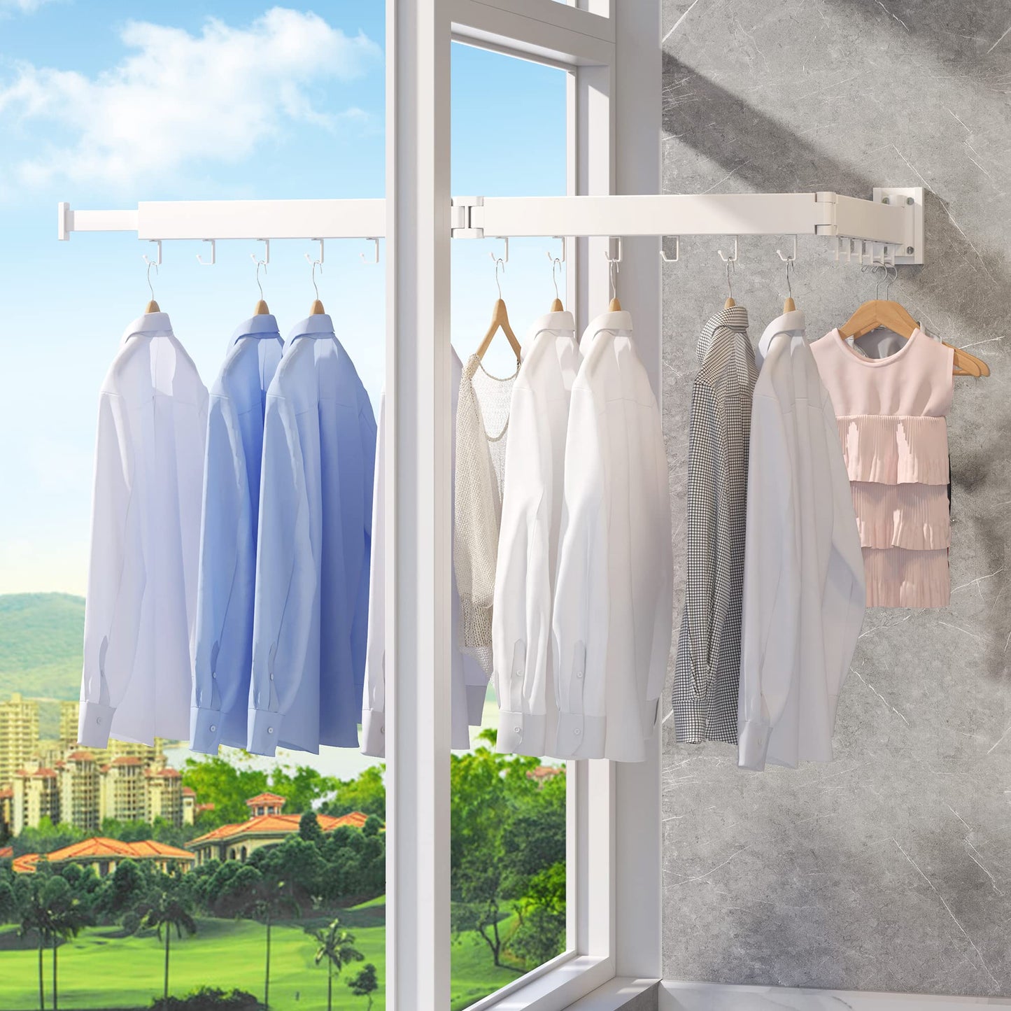 White Wall-Mounted Tri-Fold Retractable Clothes Drying Rack – Space-Saving