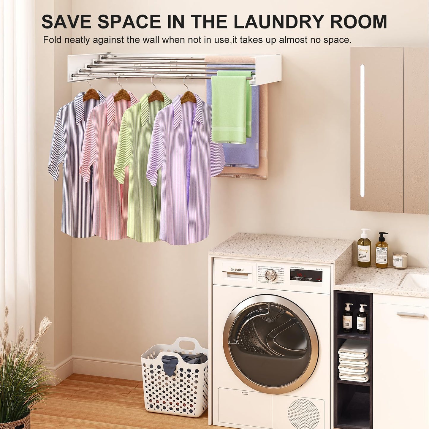 White Foldable Wall-Mounted Clothes Drying Rack – 31.5” with 5 Stainless Steel Rods