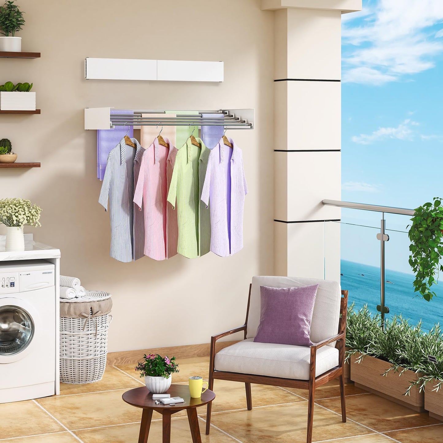 White Foldable Wall-Mounted Clothes Drying Rack – 31.5” with 5 Stainless Steel Rods