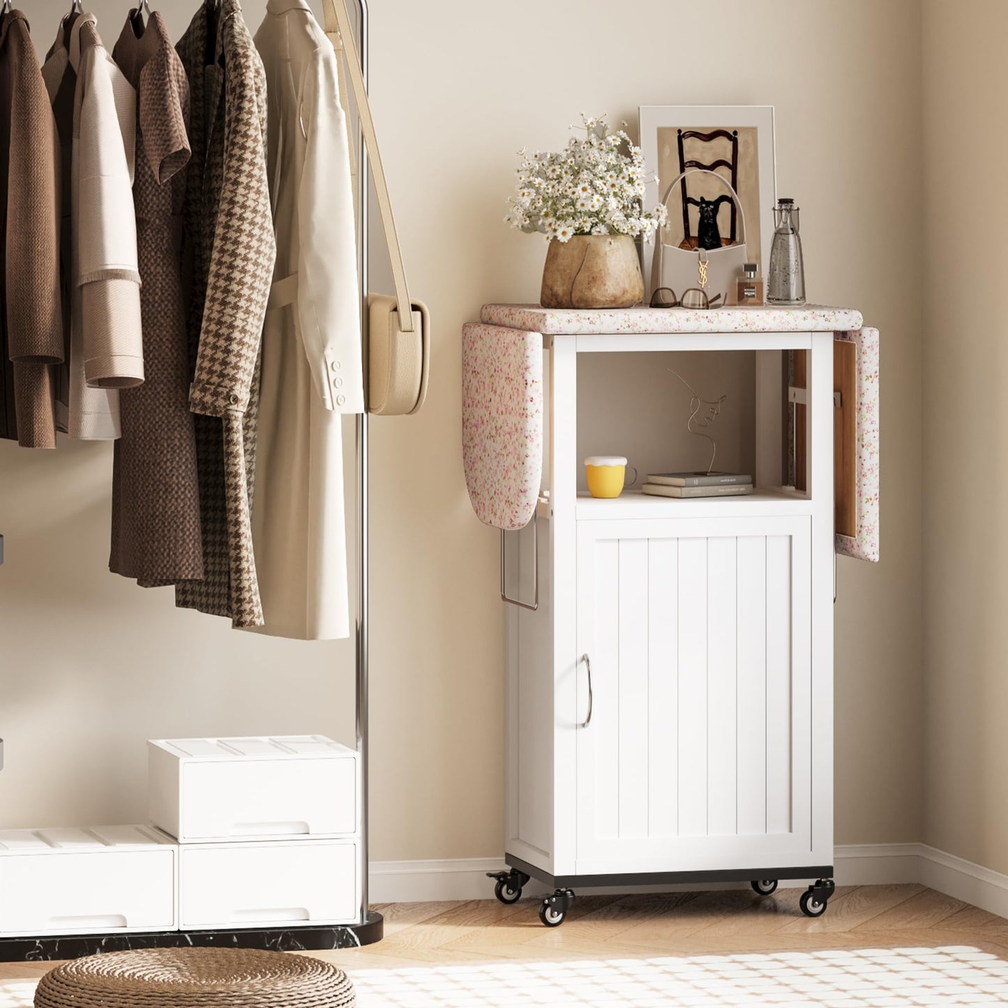 Mobile Folding Ironing Board Cabinet with Wheels – White