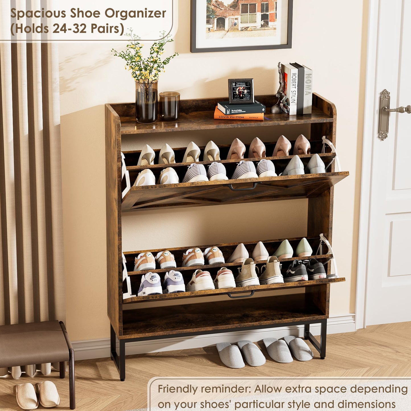 Shoe Cabinet with 2 Flip Drawers and Metal Legs – Narrow Rustic Brown