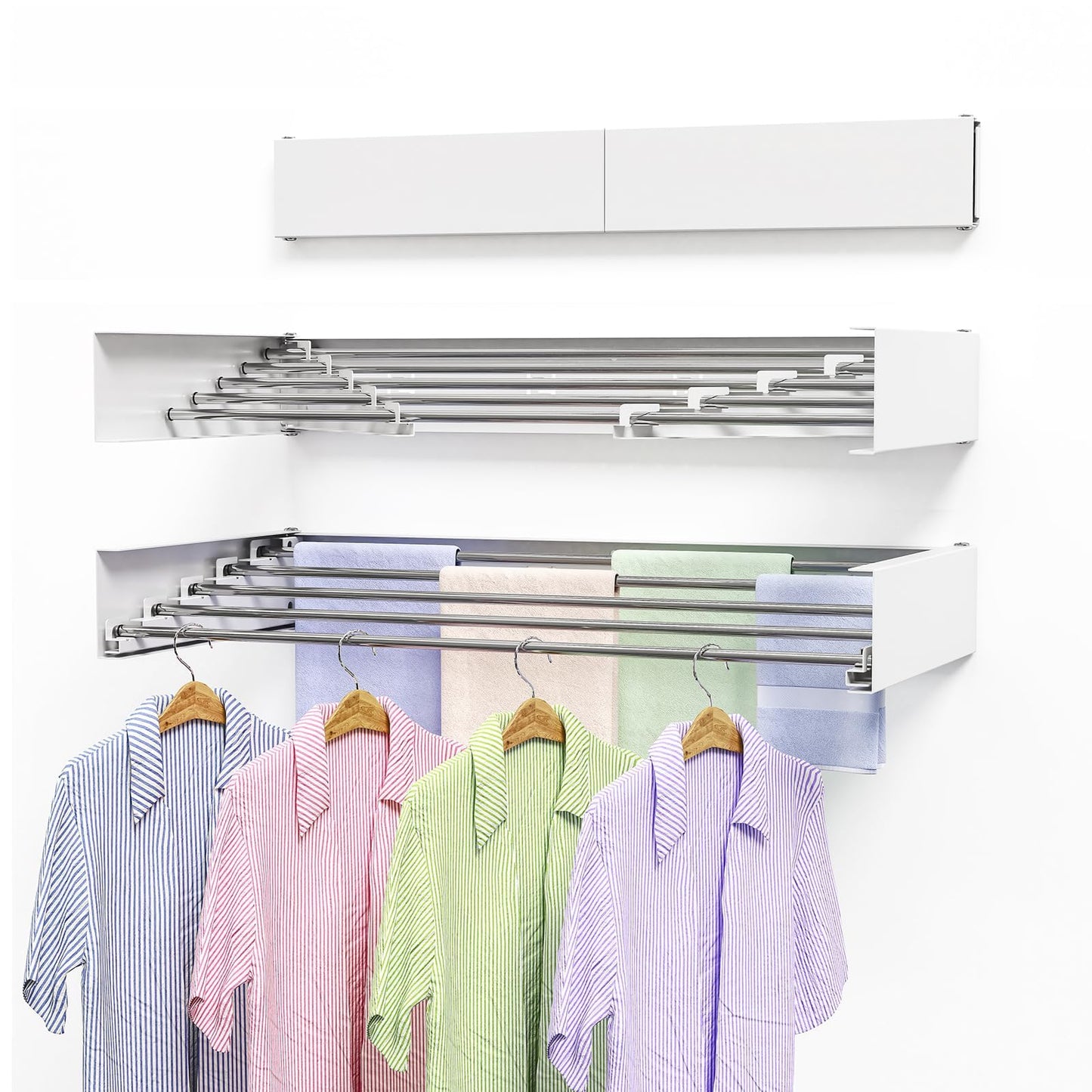 White Foldable Wall-Mounted Clothes Drying Rack – 31.5” with 5 Stainless Steel Rods